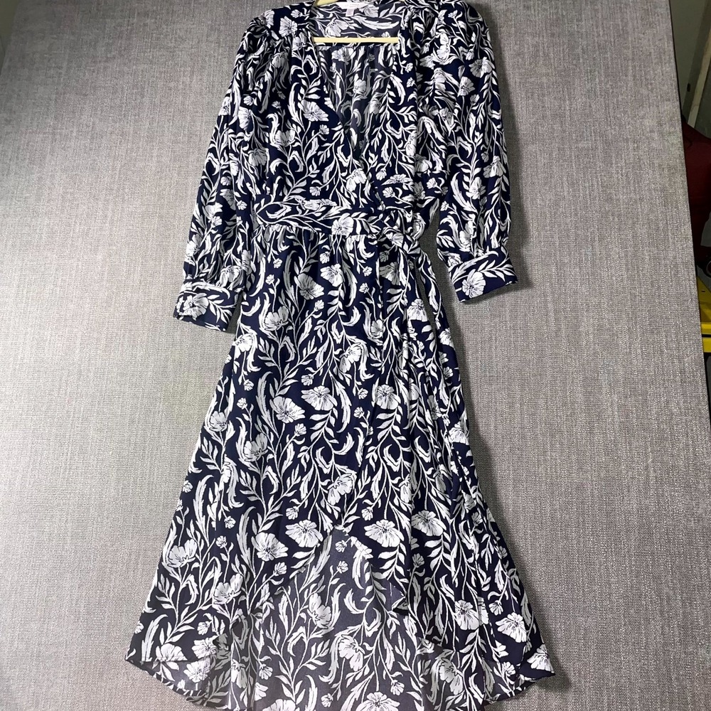 LC Lauren Conrad Faux-Wrap Maxi Dress Womens Large Blue White Floral Tie Waist